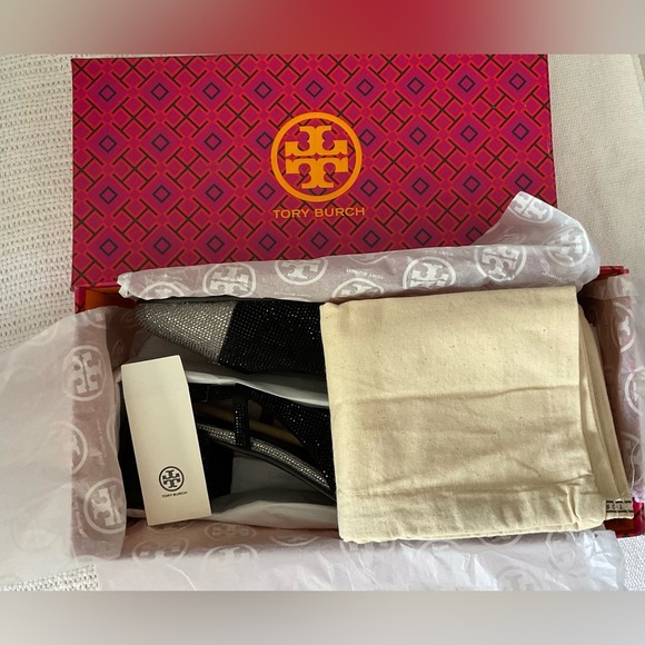 Tory Burch Black and Silver Block Heel Slingbacks - Picture 5 of 8